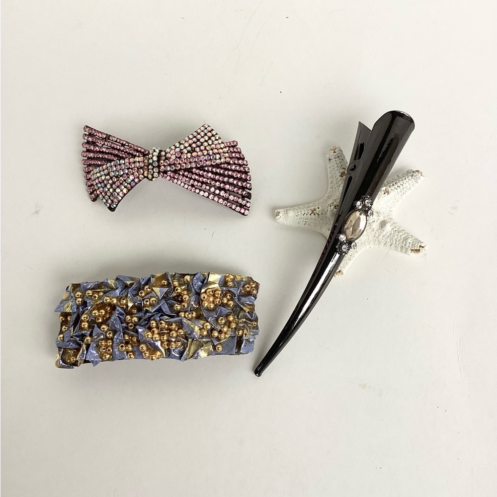 Hair Clips Embellished Accessories Pink Bow Bling Beaded Gold Blue Vintage